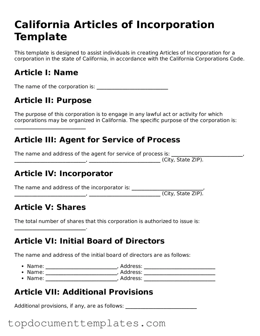 Valid Articles of Incorporation Form for California State