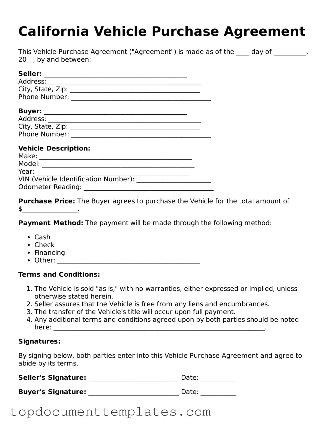 Valid Vehicle Purchase Agreement Form for California State