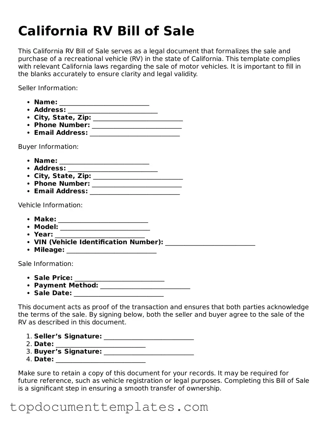 Valid RV Bill of Sale Form for California State