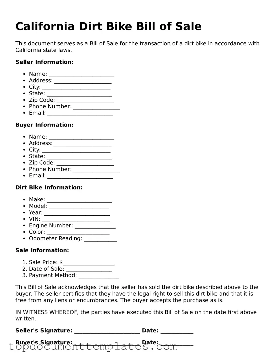 Valid Dirt Bike Bill of Sale Form for California State