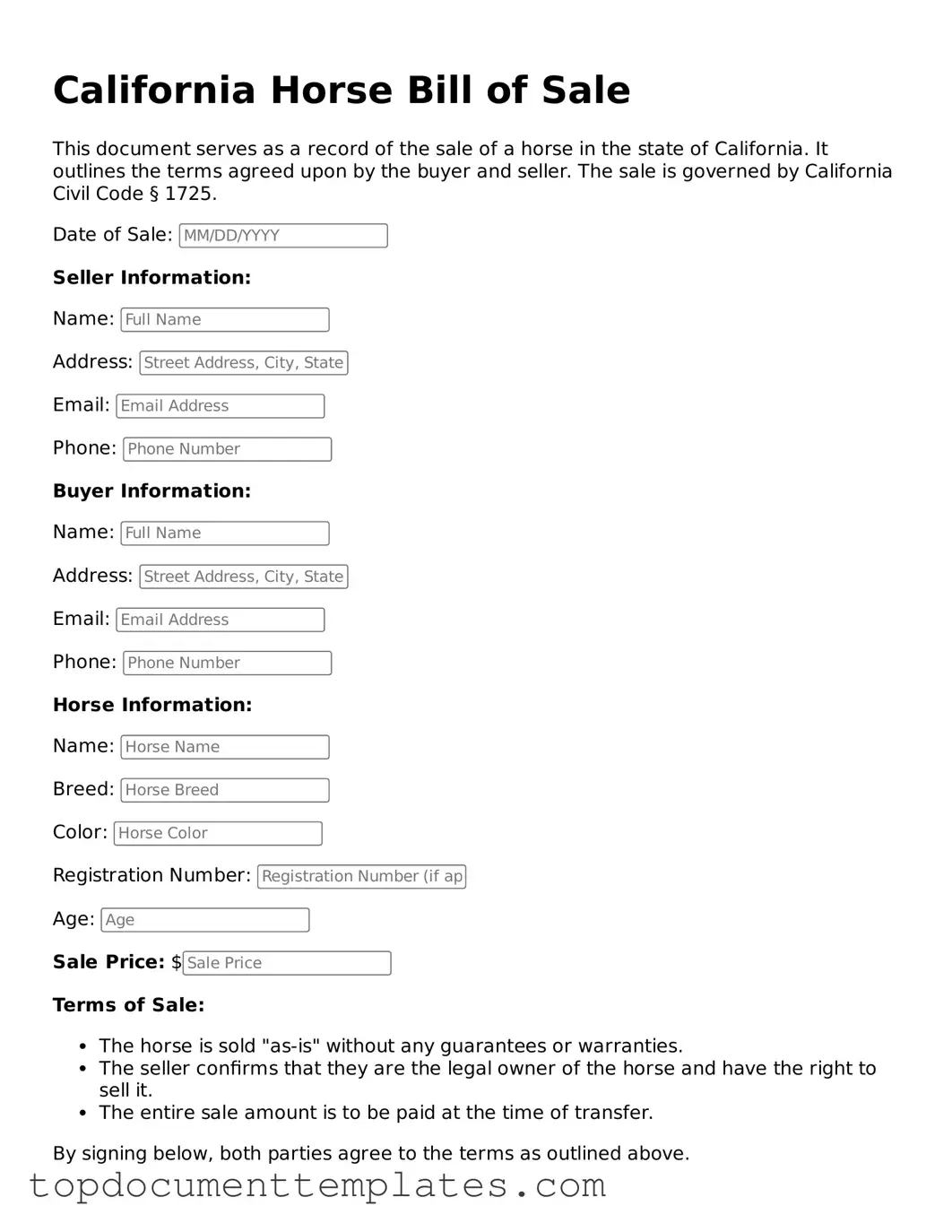 Valid Horse Bill of Sale Form for California State