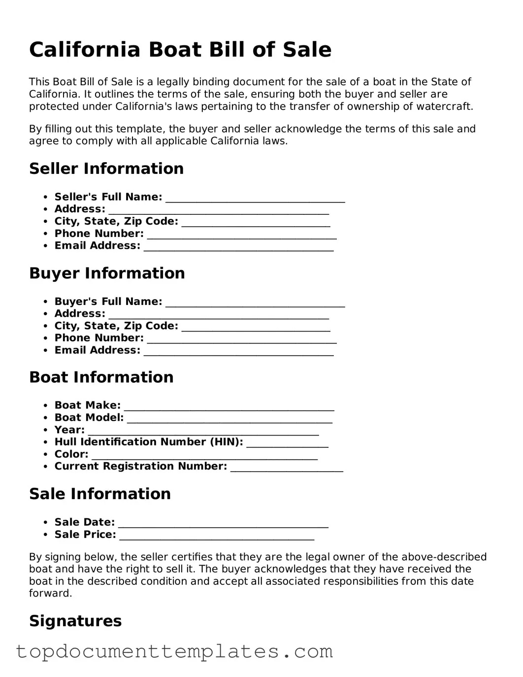 Valid Boat Bill of Sale Form for California State