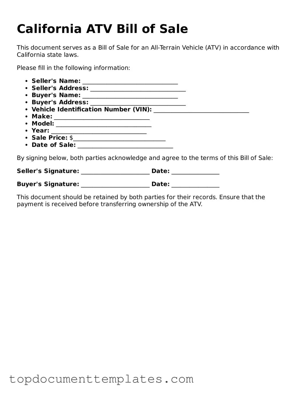 Valid ATV Bill of Sale Form for California State
