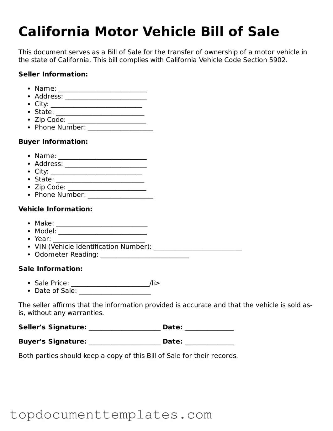 Valid Motor Vehicle Bill of Sale Form for California State