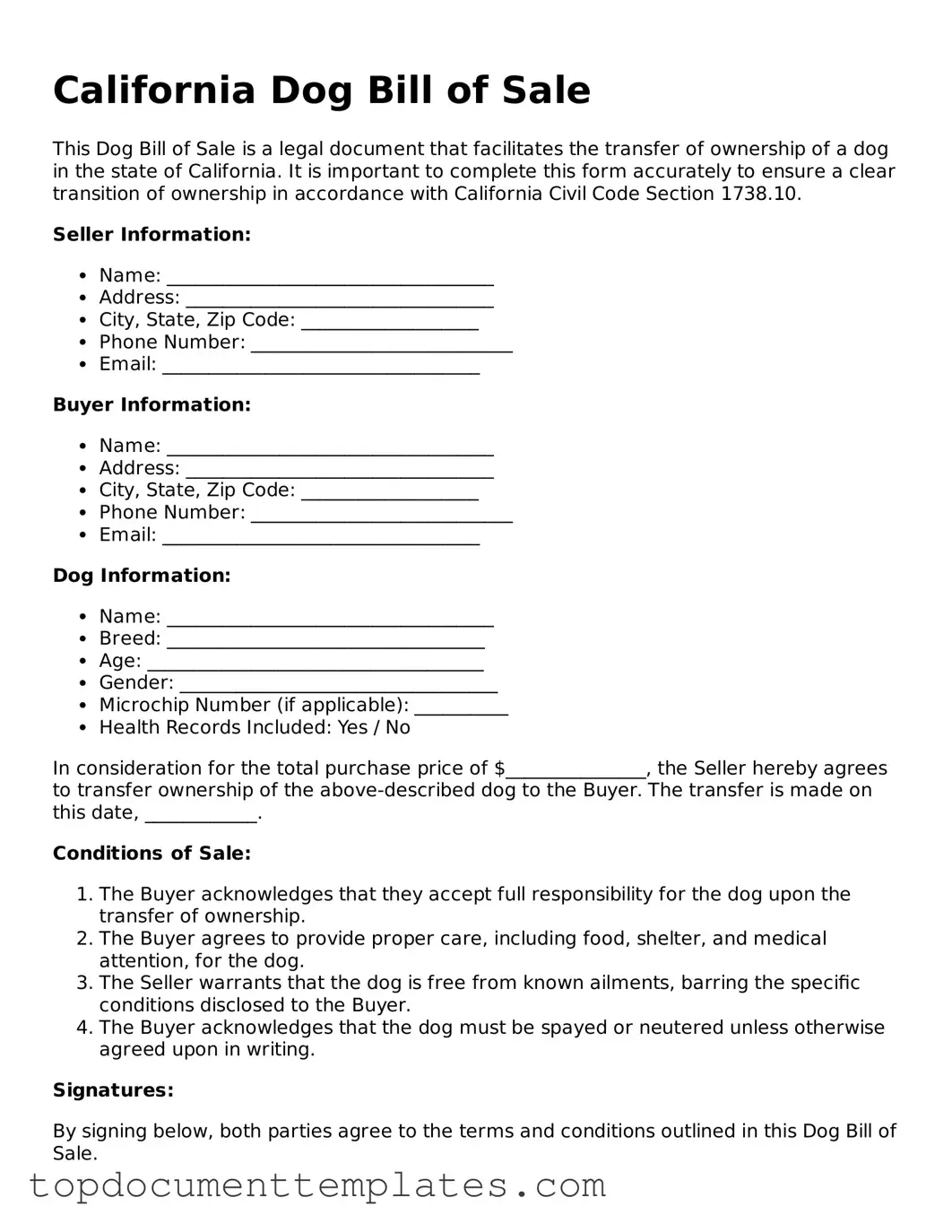 Valid Dog Bill of Sale Form for California State