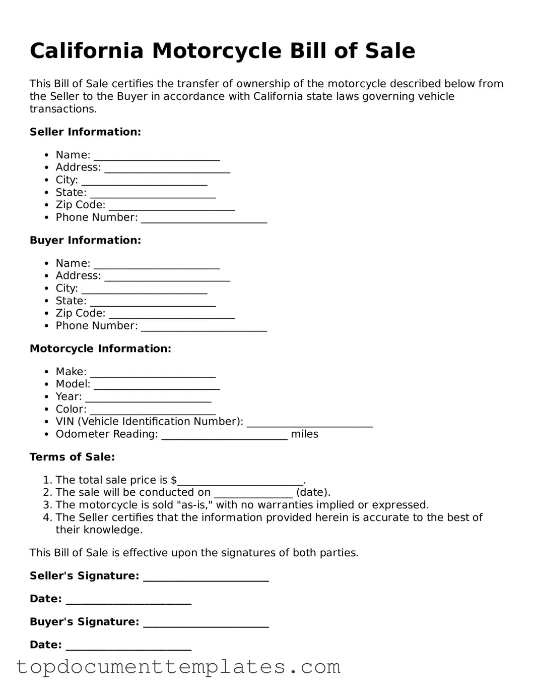 Valid Motorcycle Bill of Sale Form for California State
