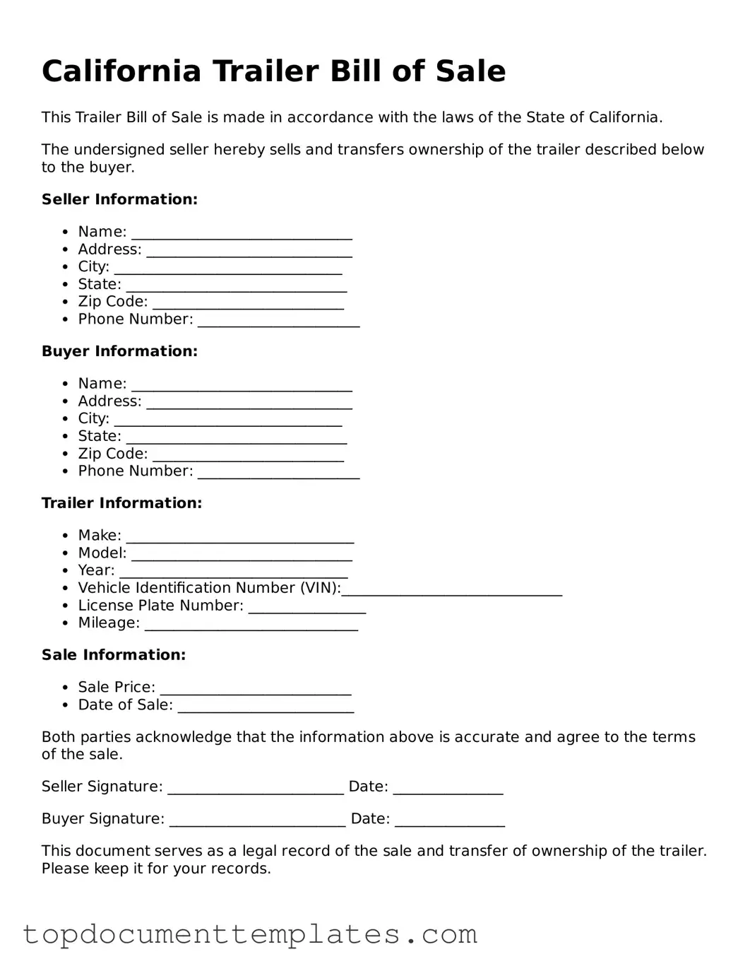 Valid Trailer Bill of Sale Form for California State
