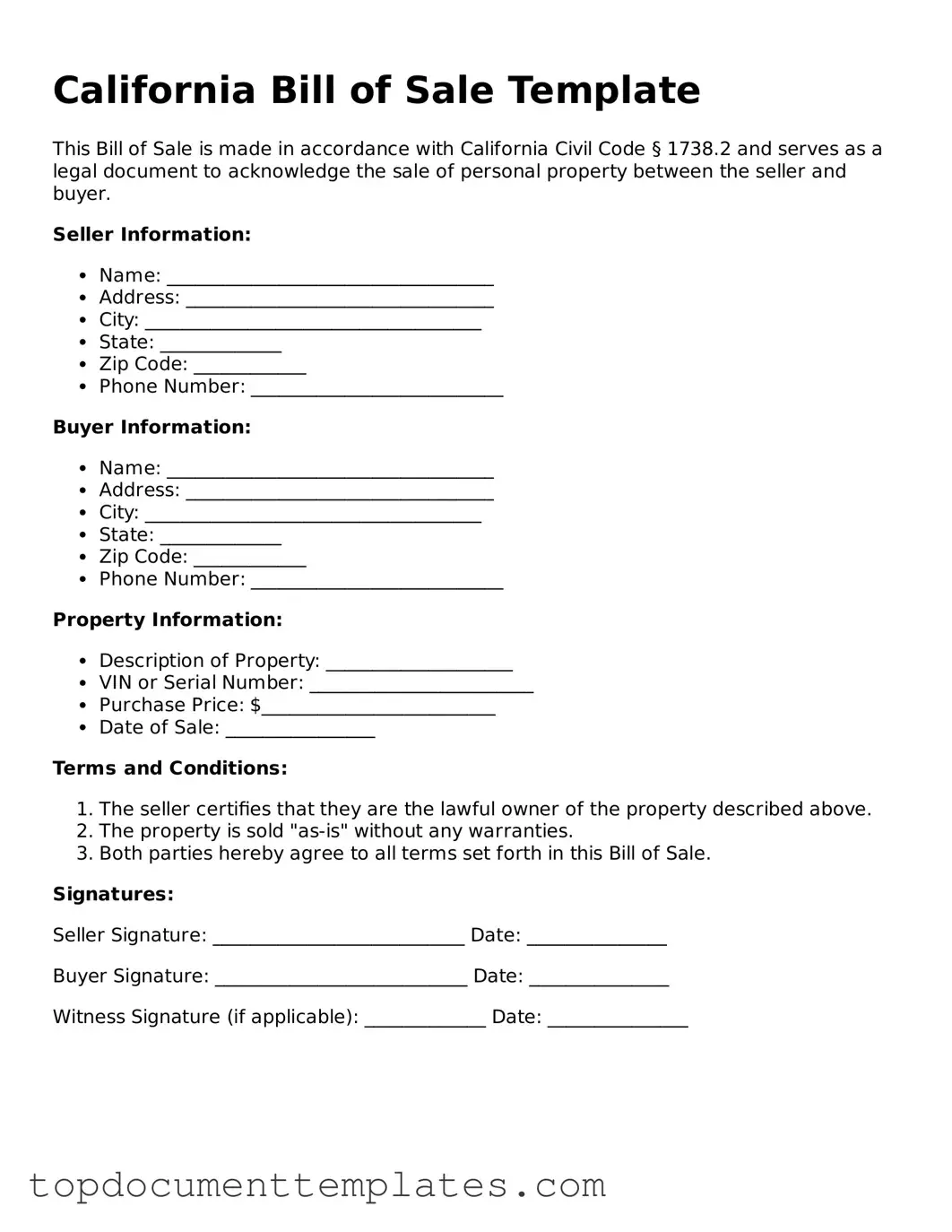 Valid Bill of Sale Form for California State