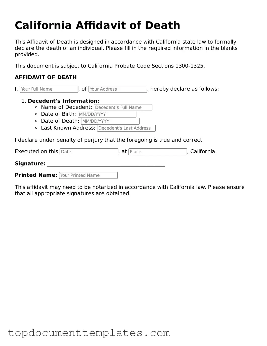 Valid Affidavit of Death Form for California State