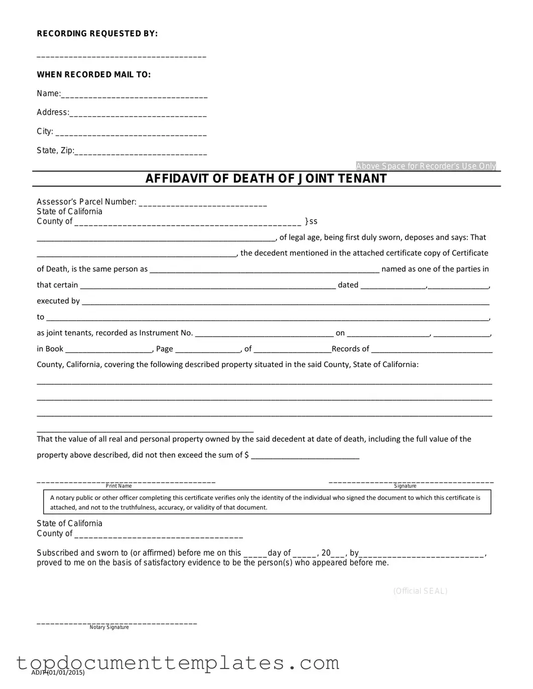Blank California Death of a Joint Tenant Affidavit PDF Form