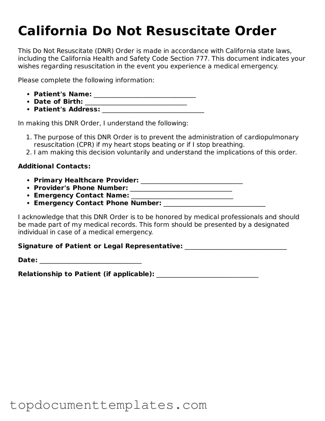 Valid Do Not Resuscitate Order Form for California State