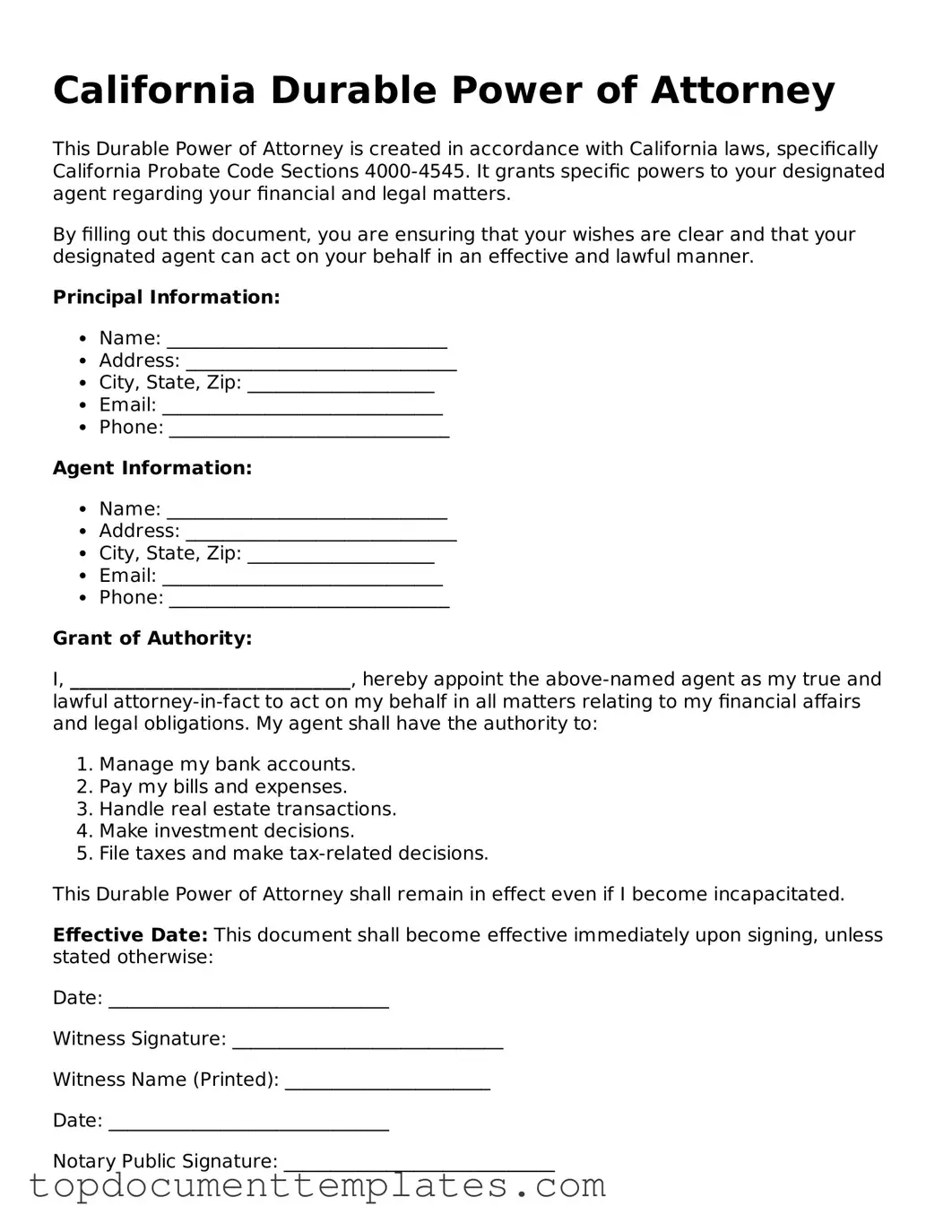 Valid Durable Power of Attorney Form for California State