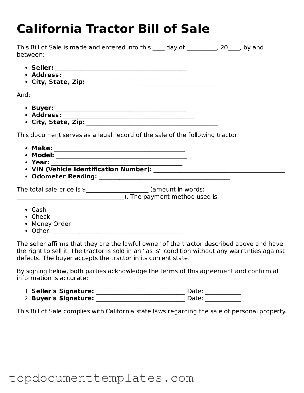 Valid Tractor Bill of Sale Form for California State