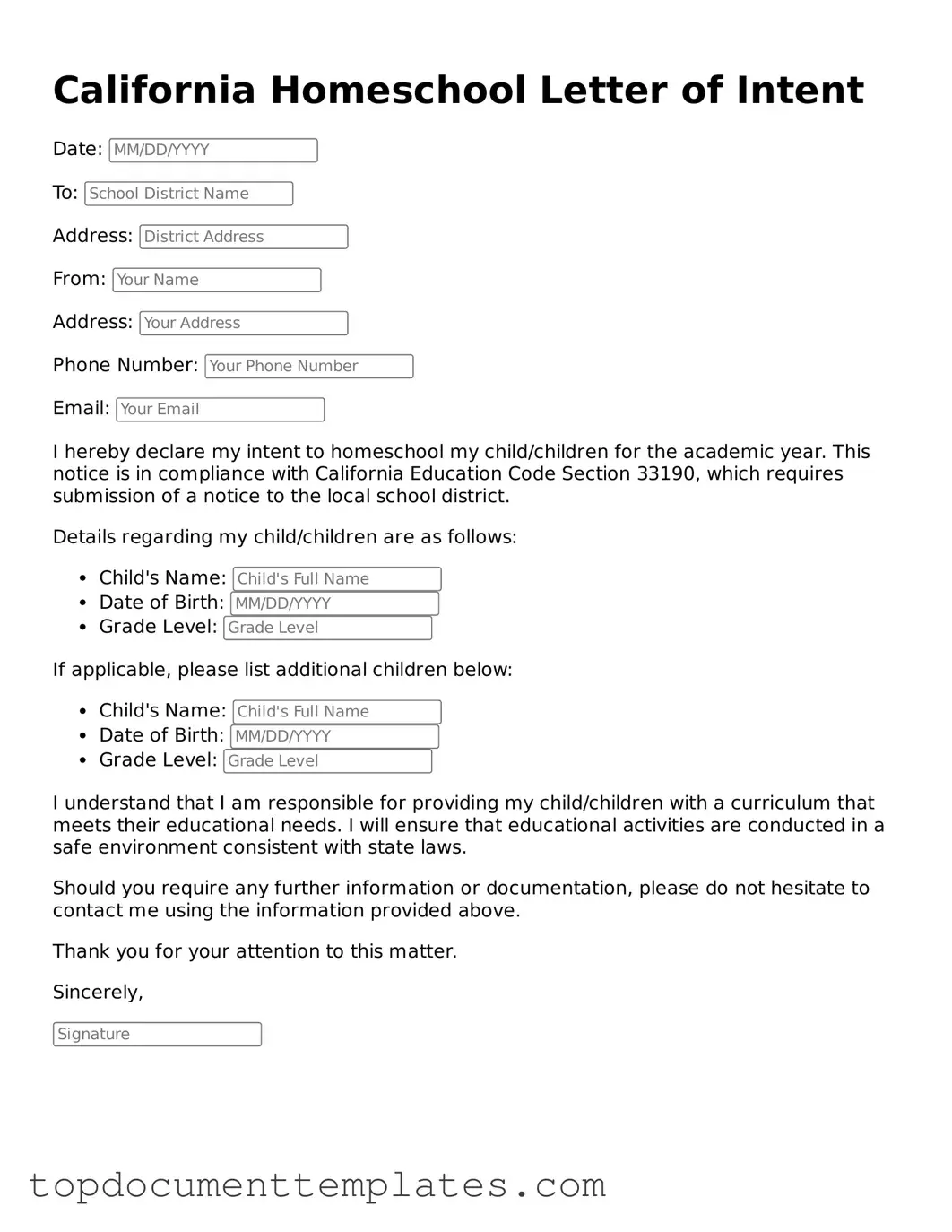 Valid Homeschool Letter of Intent Form for California State