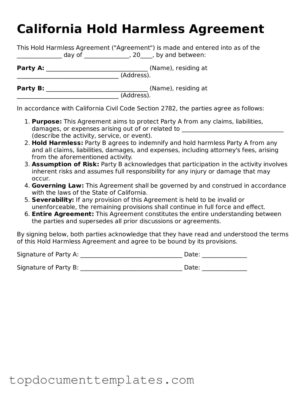 Valid Hold Harmless Agreement Form for California State