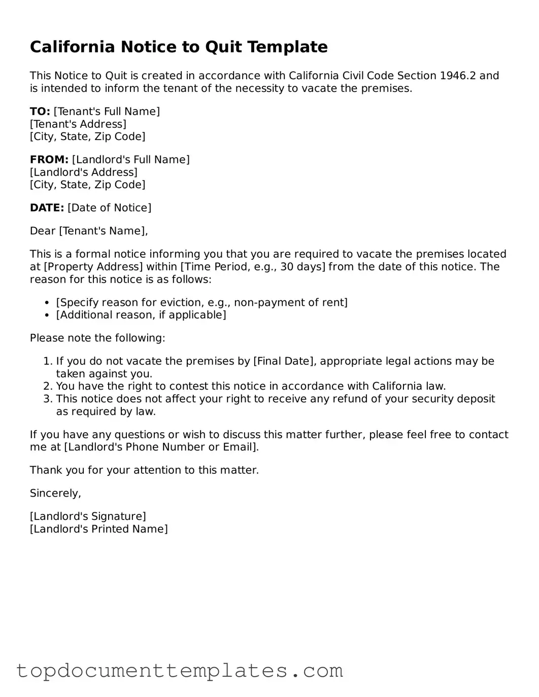 Valid Notice to Quit Form for California State