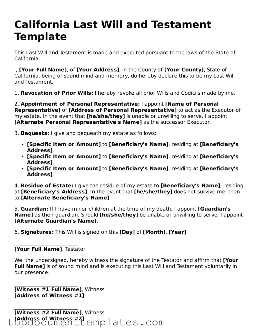 Valid Last Will and Testament Form for California State