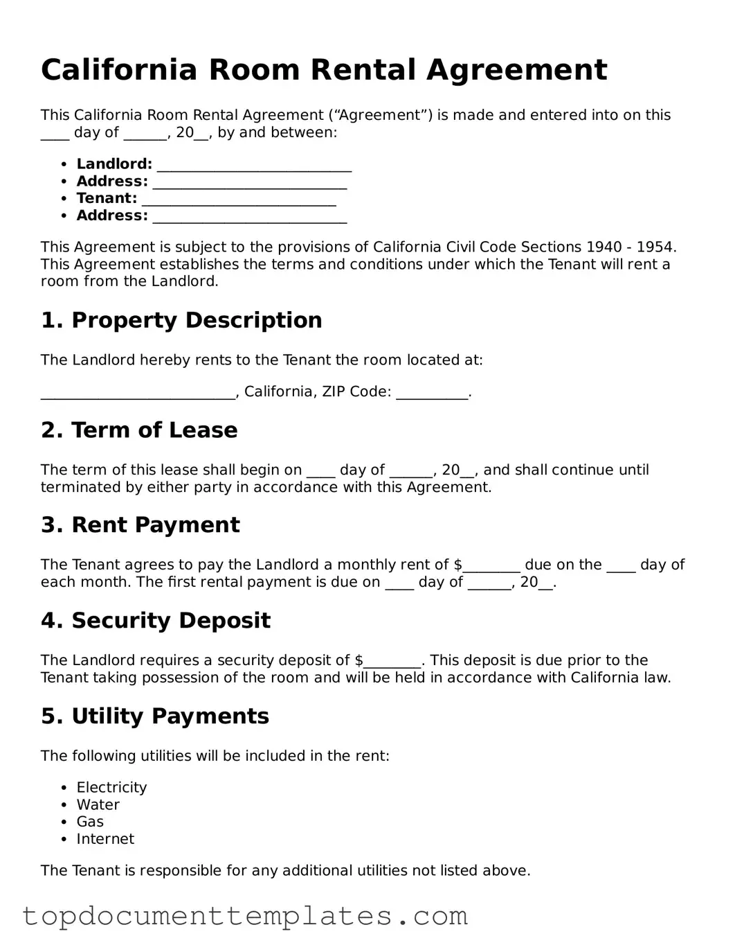 Valid Room Rental Agreement Form for California State