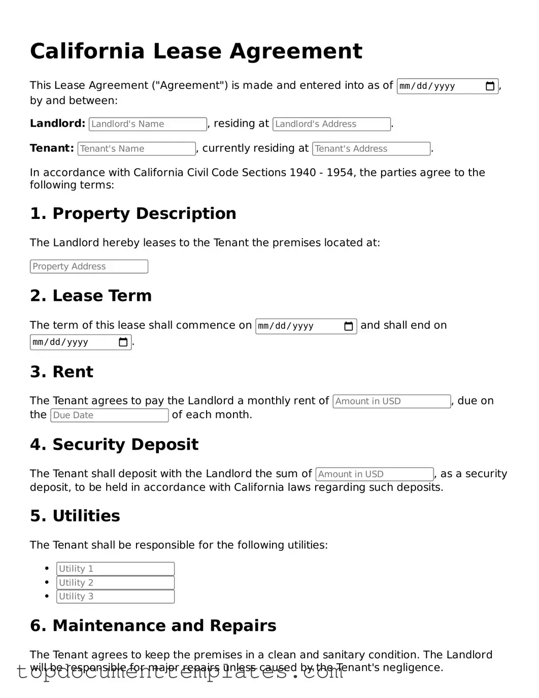 Valid Lease Agreement Form for California State