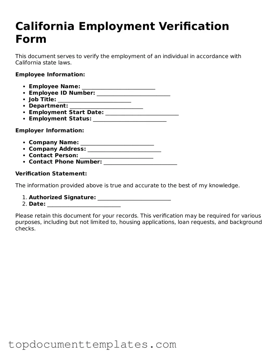 Valid Employment Verification Form for California State