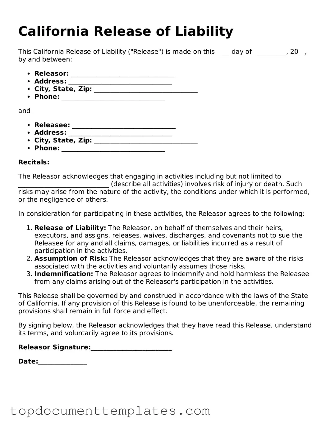 Valid Release of Liability Form for California State