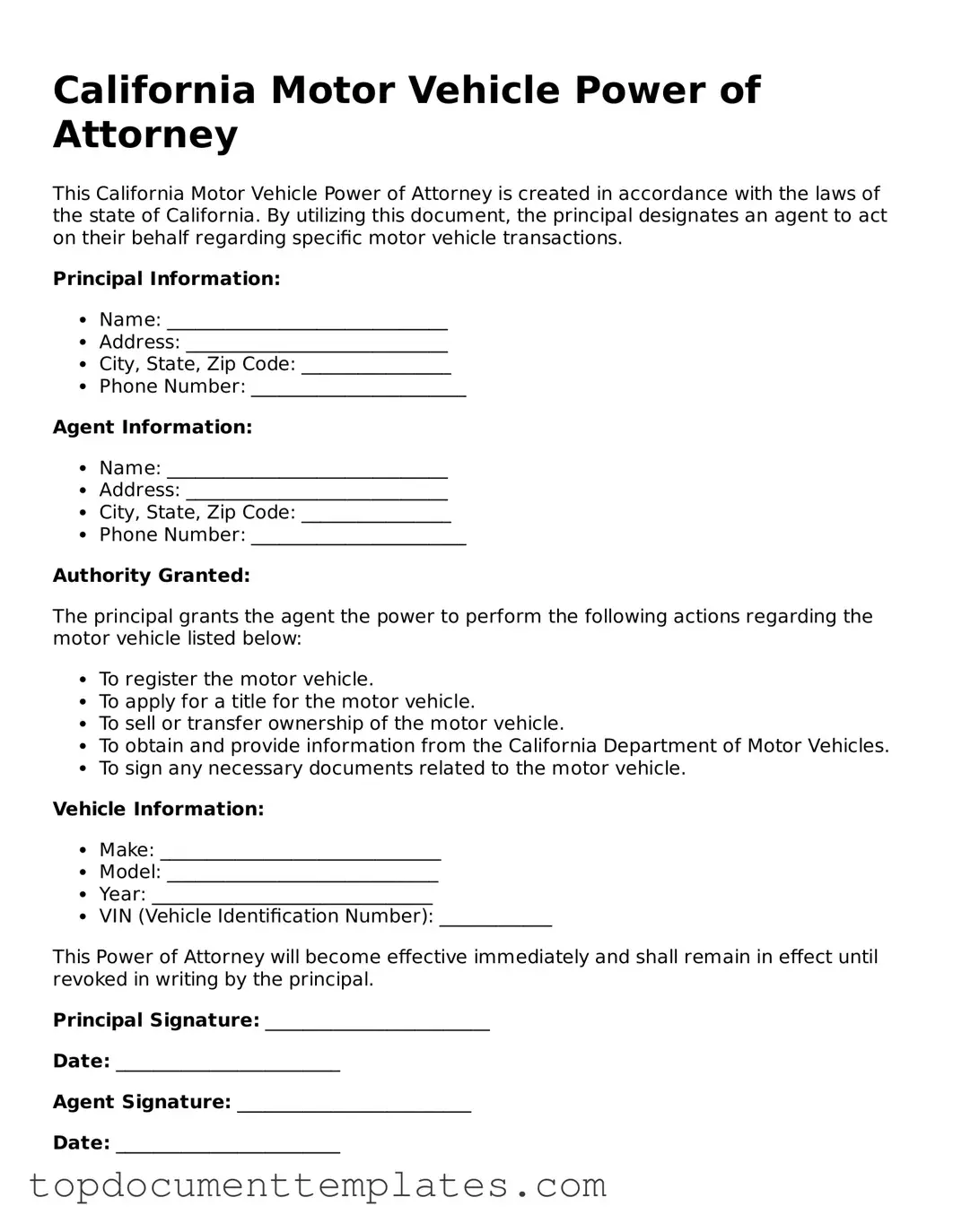 Valid Motor Vehicle Power of Attorney Form for California State