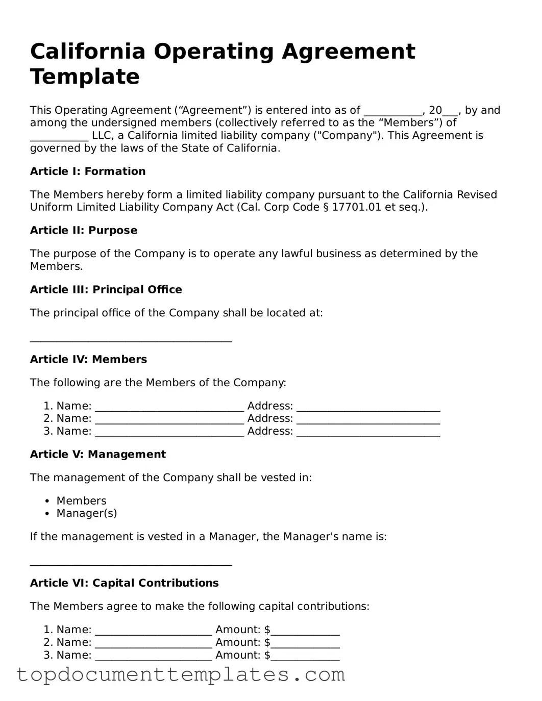 Valid Operating Agreement Form for California State