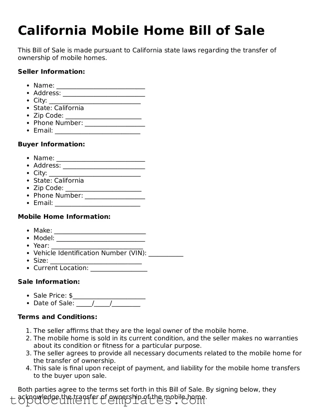 Valid Mobile Home Bill of Sale Form for California State