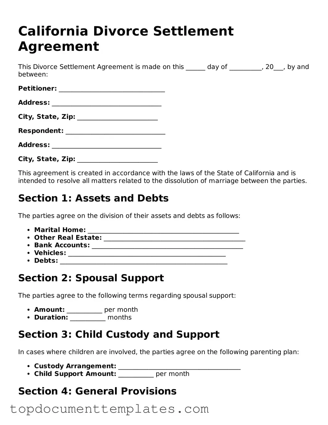 Valid Divorce Settlement Agreement Form for California State