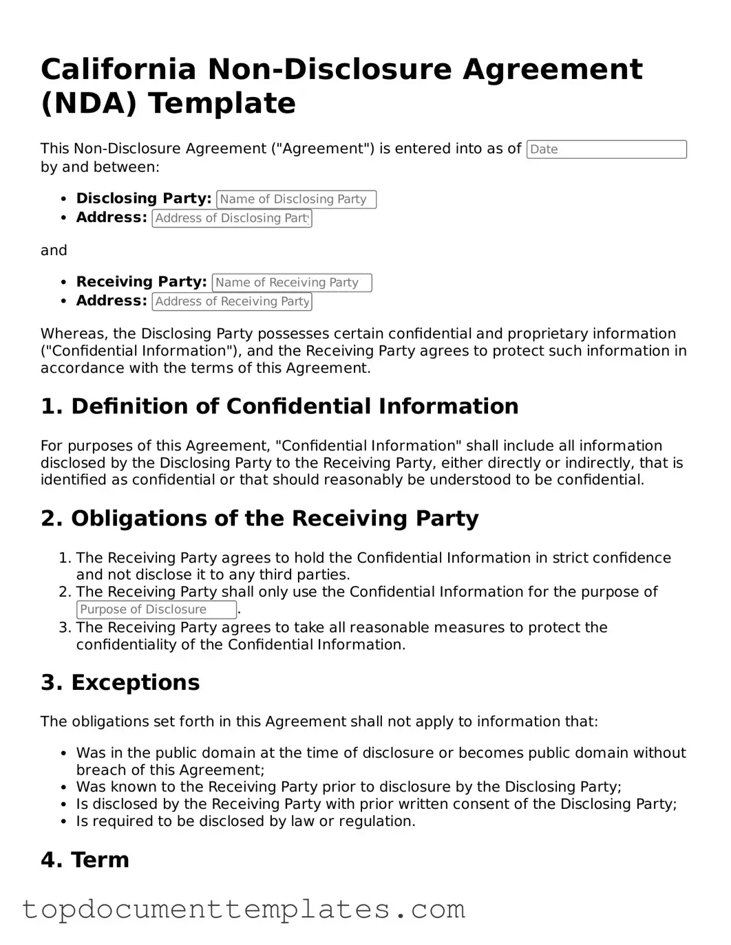 Valid Non-disclosure Agreement Form for California State