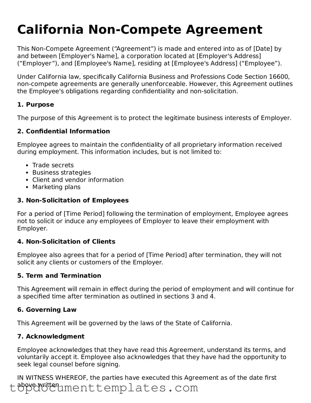 Valid Non-compete Agreement Form for California State