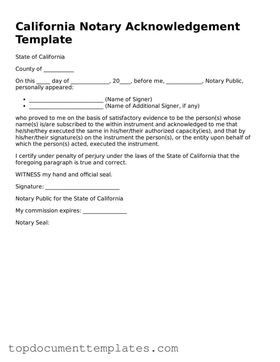 Valid Notary Acknowledgement Form for California State