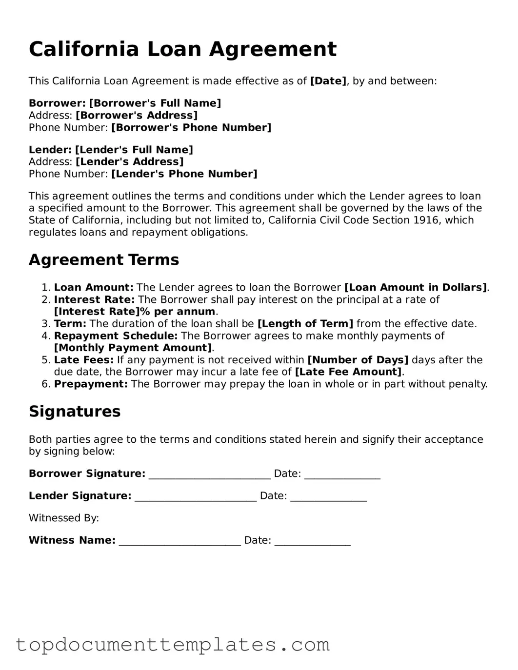 Valid Loan Agreement Form for California State