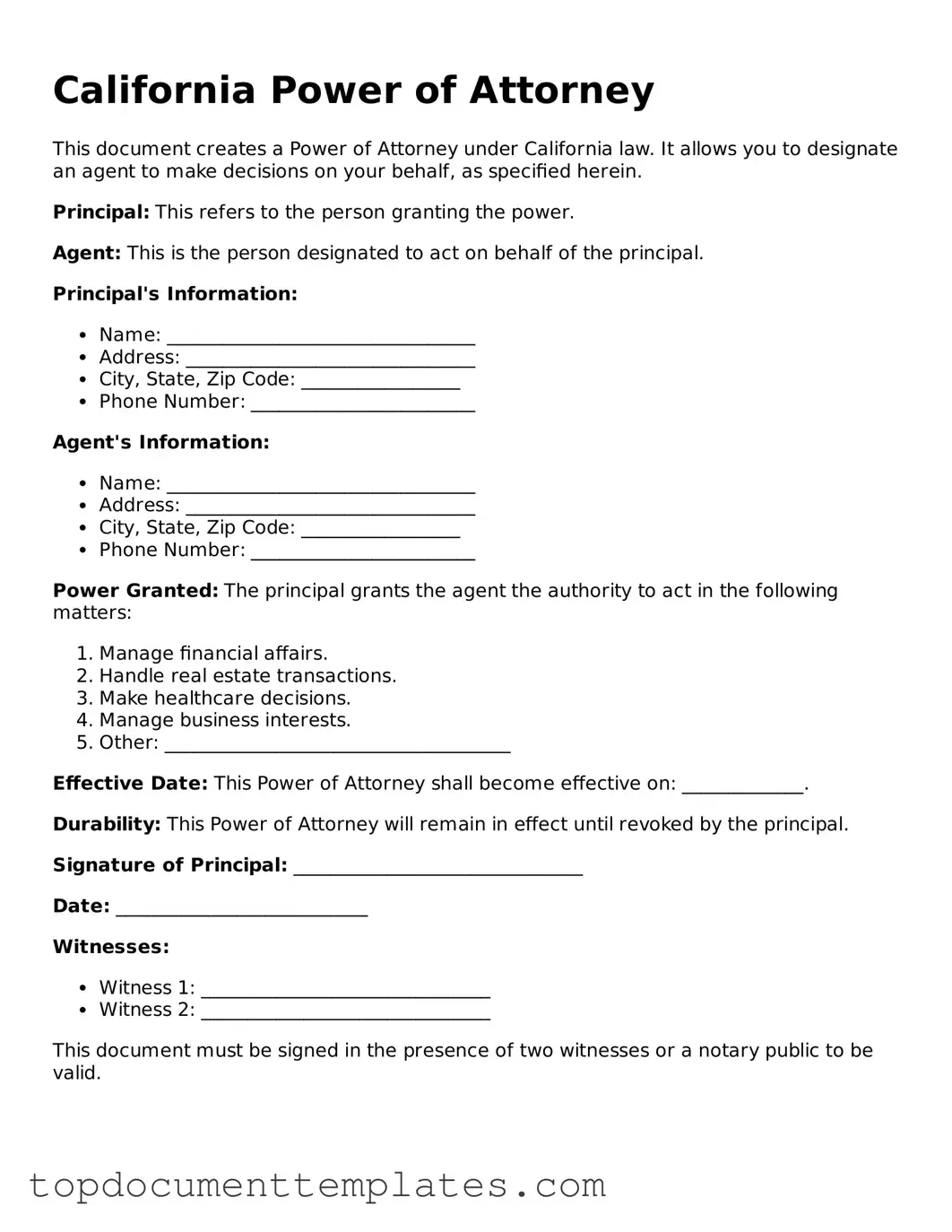 Valid Power of Attorney Form for California State