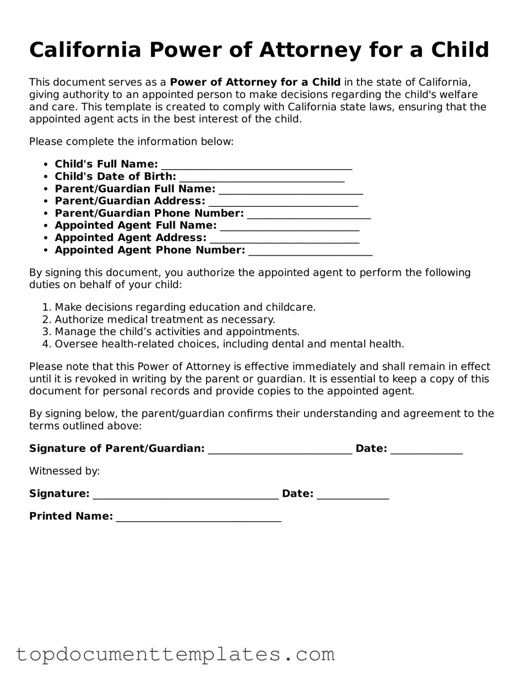 Valid Power of Attorney for a Child Form for California State