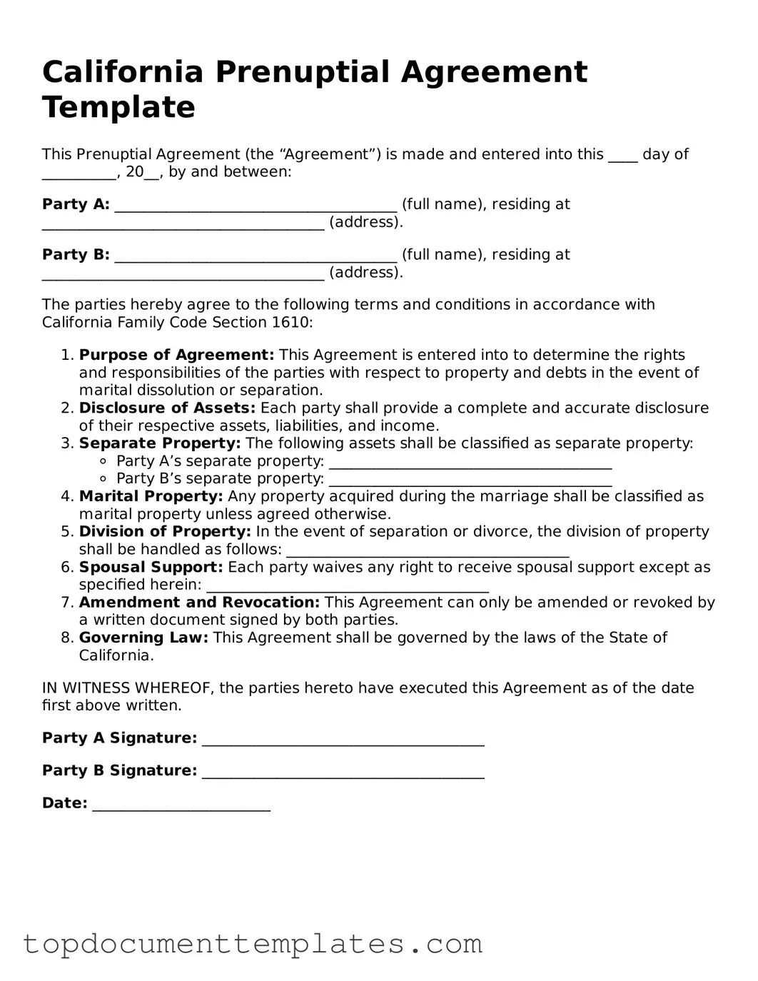 Valid Prenuptial Agreement Form for California State