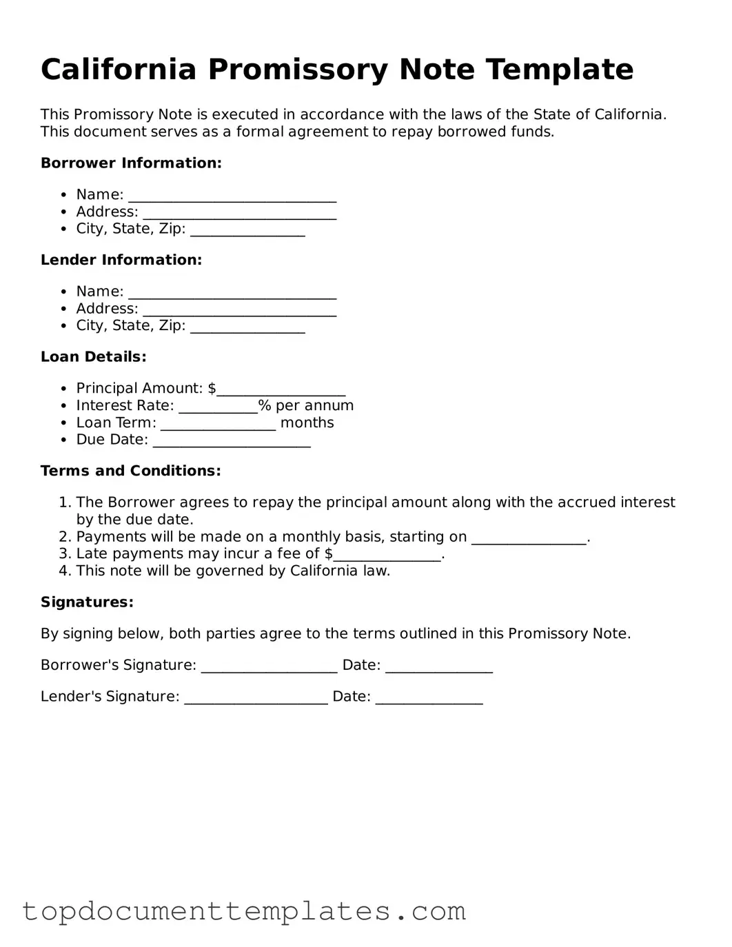 Valid Promissory Note Form for California State