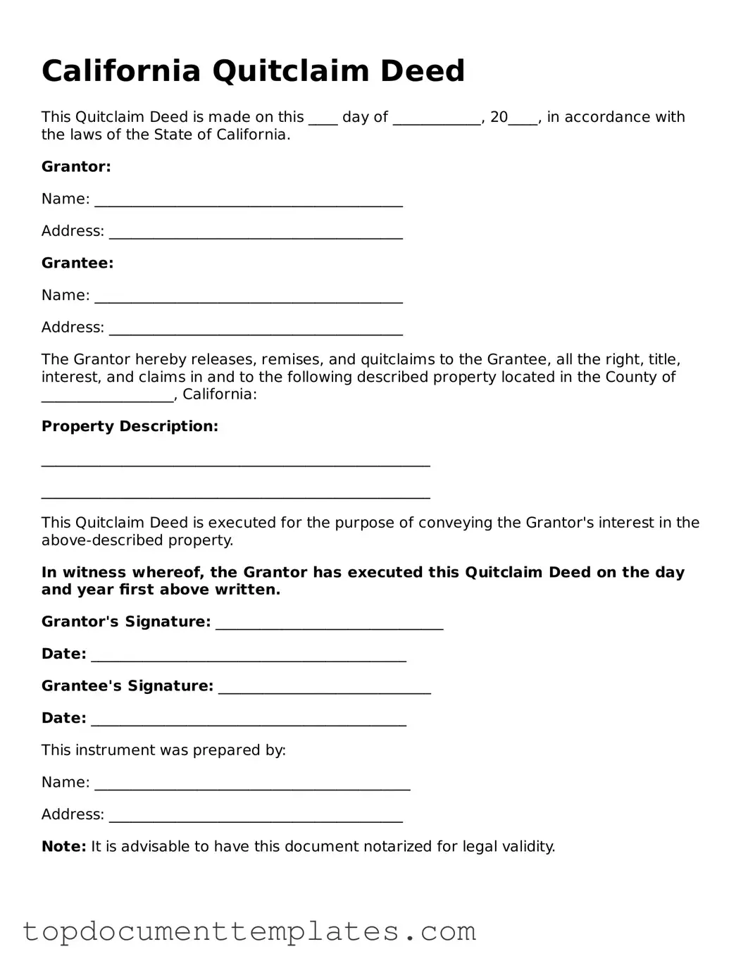 Valid Quitclaim Deed Form for California State