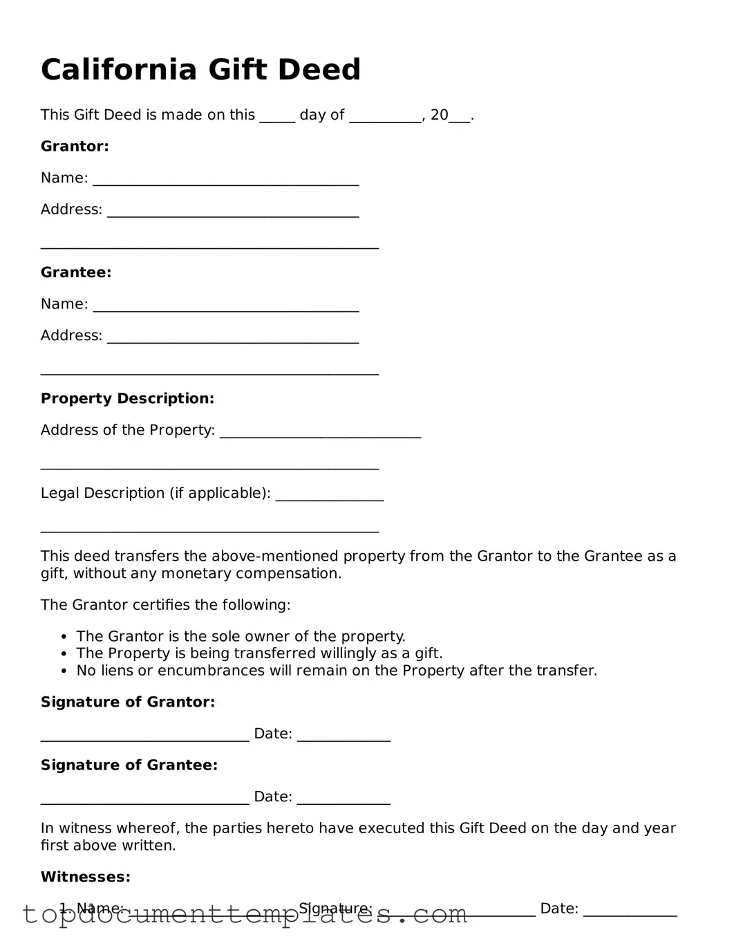 Valid Gift Deed Form for California State