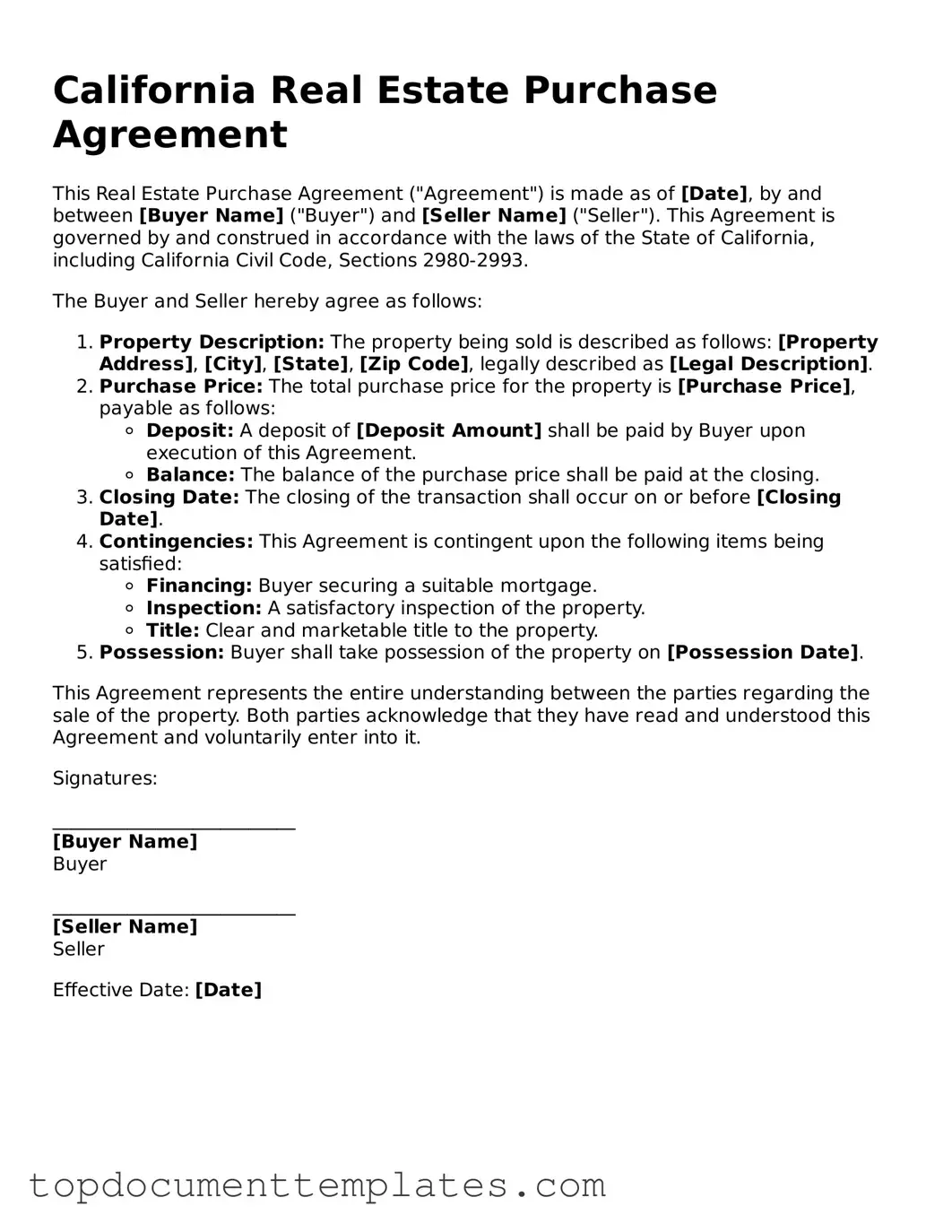 Valid Real Estate Purchase Agreement Form for California State
