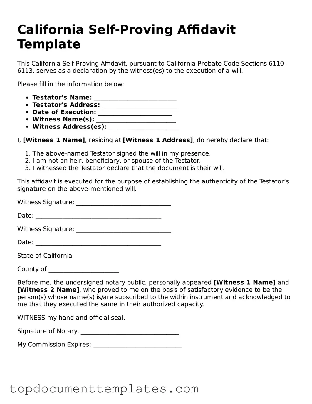 Valid Self-Proving Affidavit Form for California State