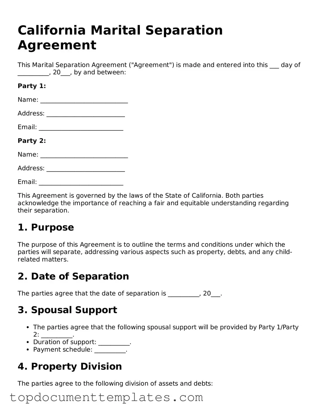 Valid Marital Separation Agreement Form for California State