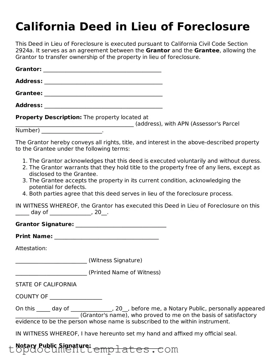 Valid Deed in Lieu of Foreclosure Form for California State