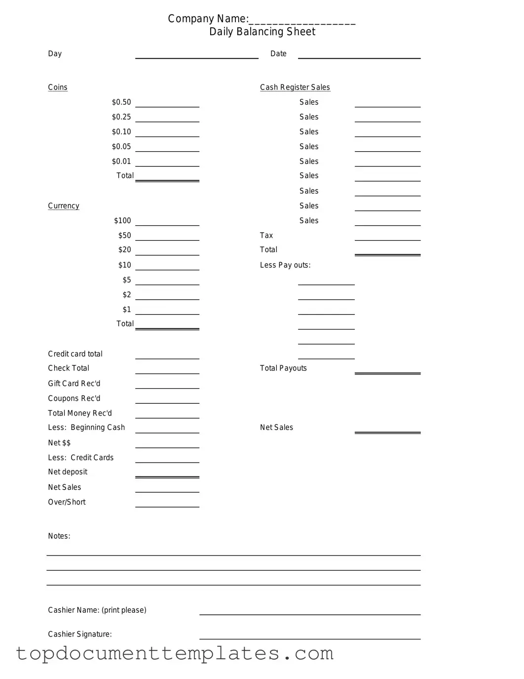 Blank Cash Drawer Count Sheet PDF Form