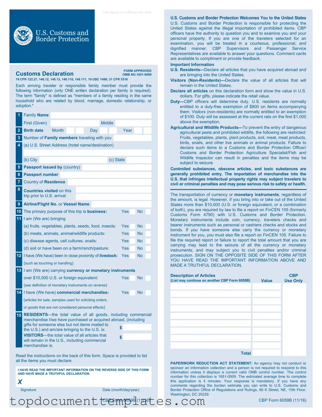 Blank CBP 6059B PDF Form