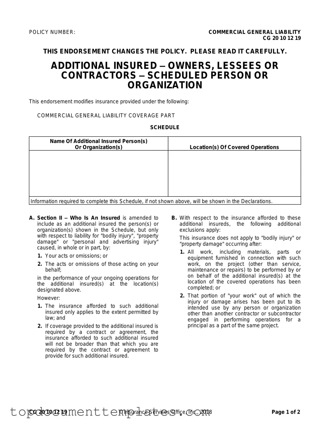 Blank Cg 20 10 07 04 Liability Endorsement PDF Form