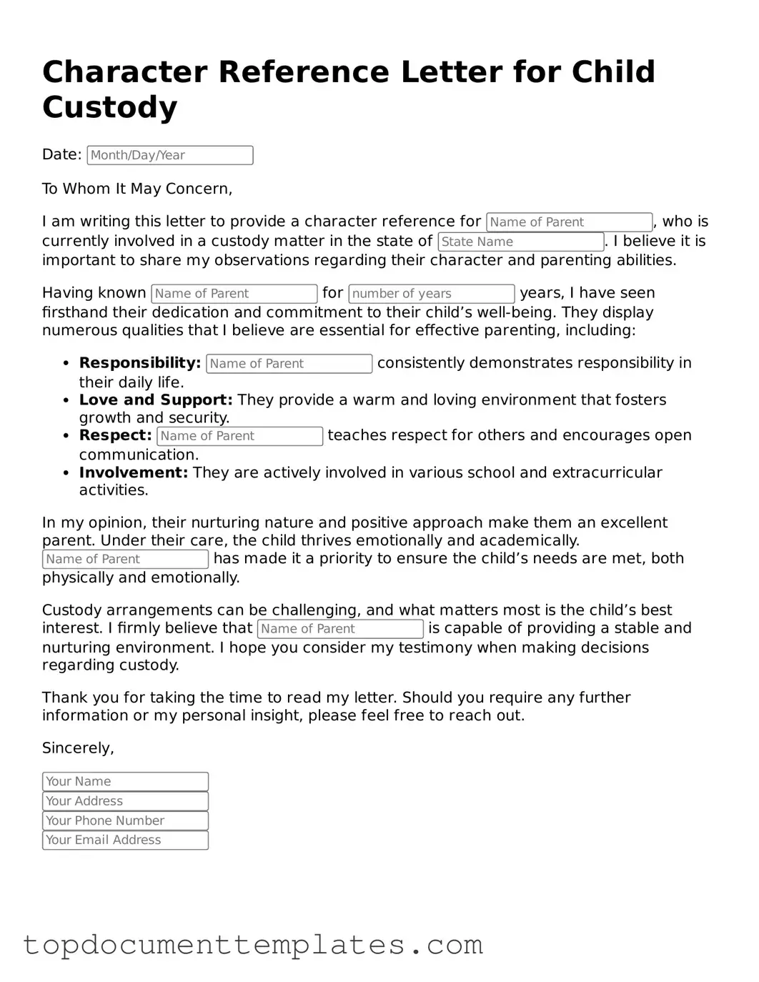 Official Character Reference Letter for Child Custody Template