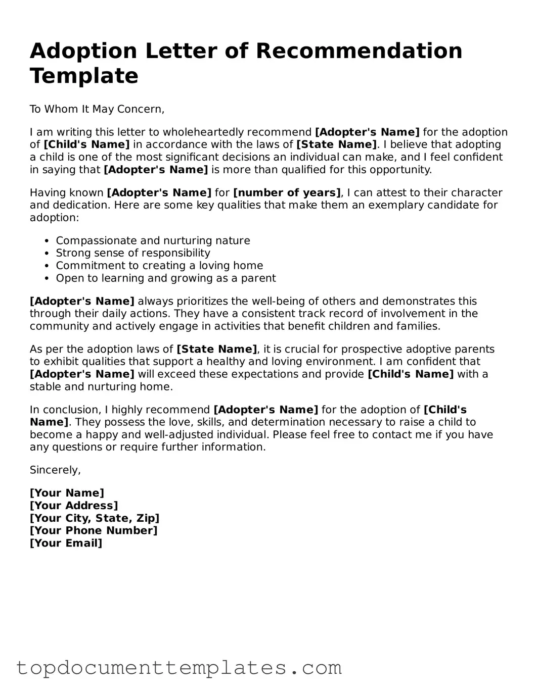 Official Adoption Letter of Recommendation Template