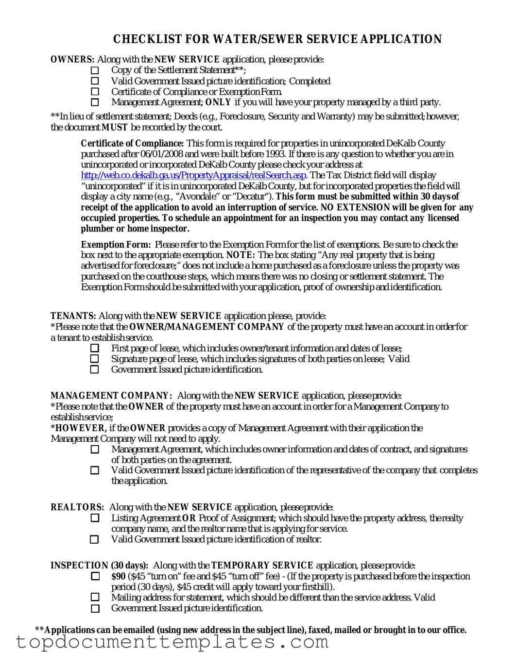 Blank Dekalb County Water Application PDF Form