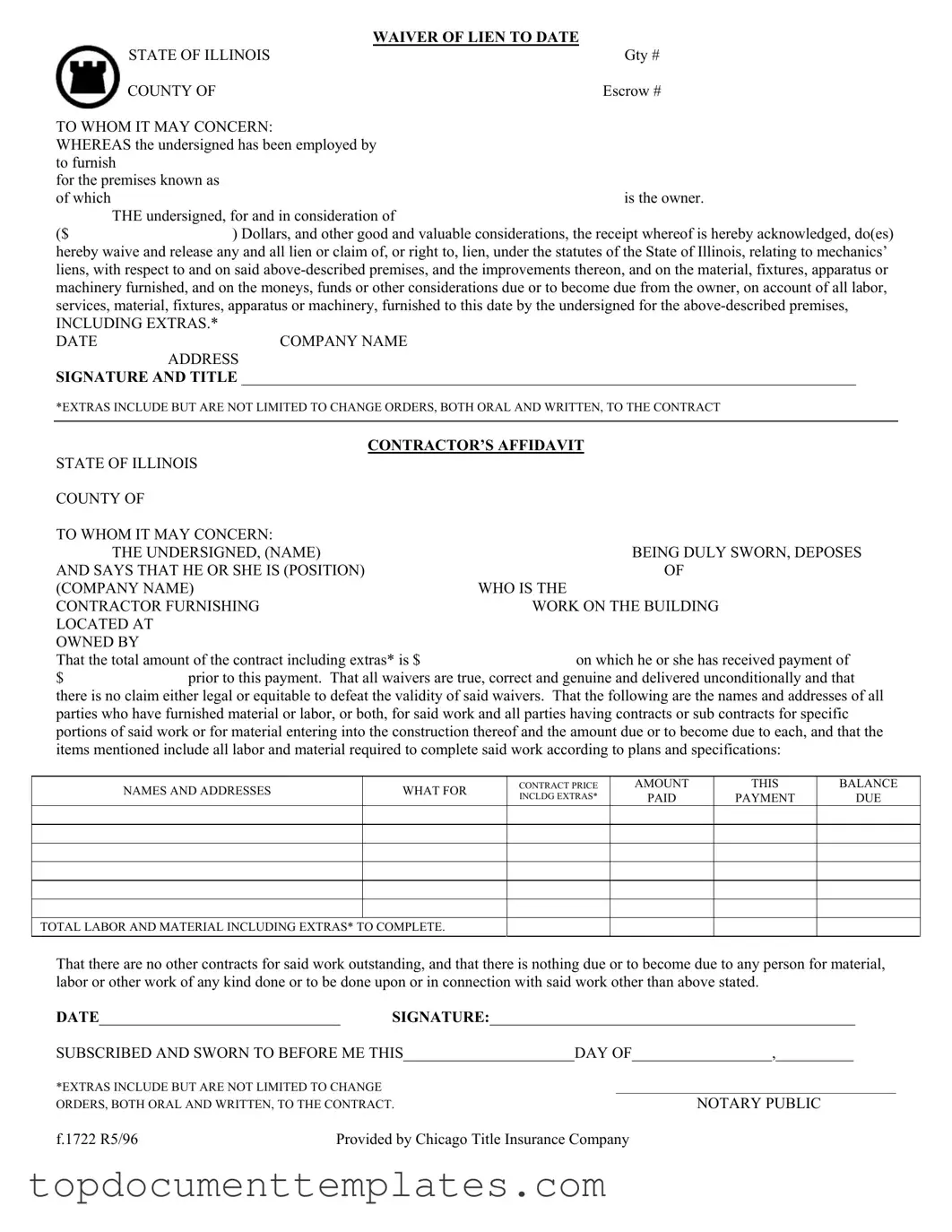 Blank Chicago Title Waiver Format PDF Form